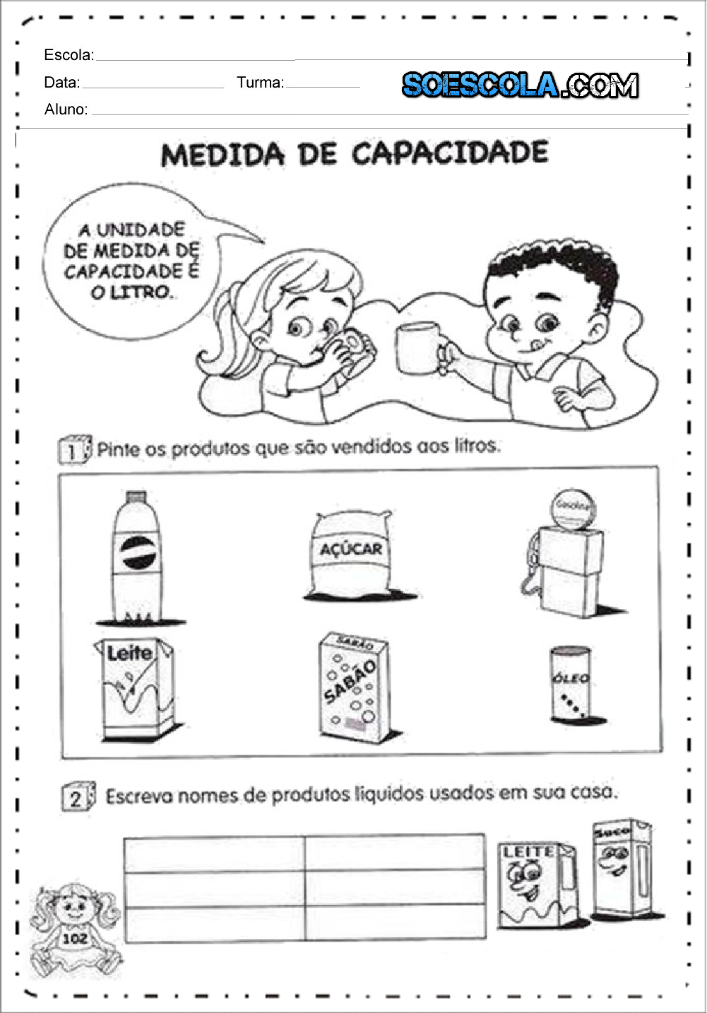 Atividade medida de capacidade - Para Imprimir - Series Iniciais.