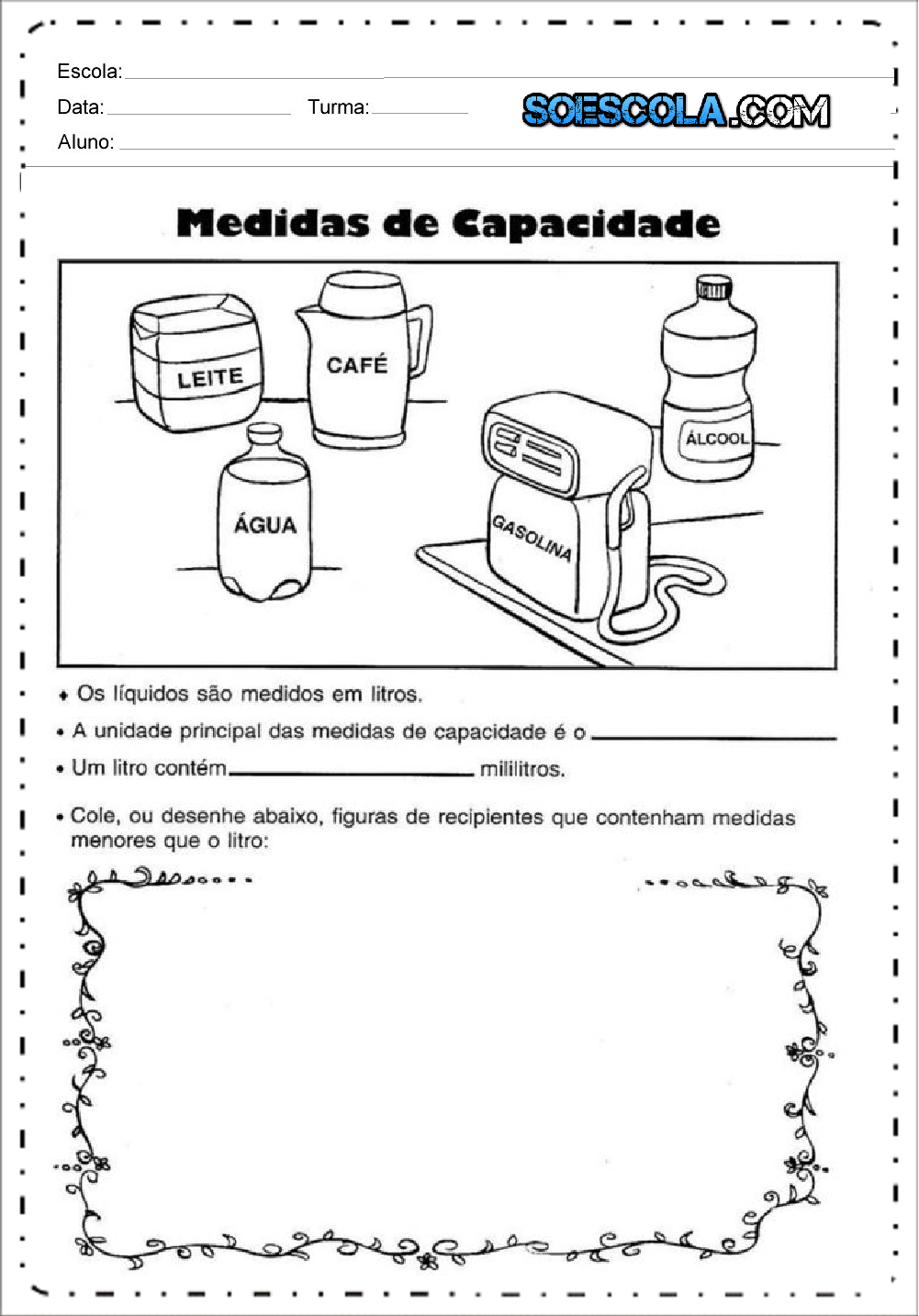 Atividade medida de capacidade - Para Imprimir - Series Iniciais.