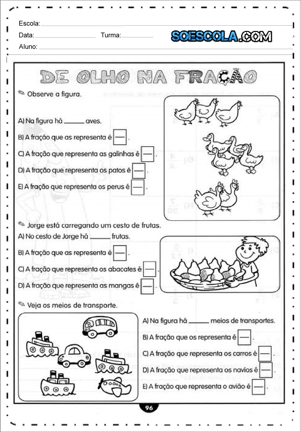 Atividades com Frações 4 ano do Ensino Fundamental - Para imprimir.