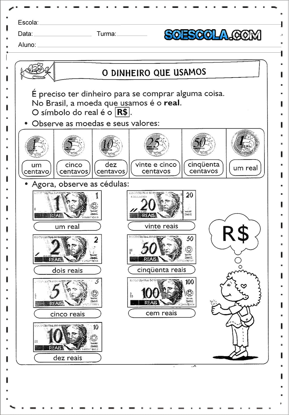 Atividades com Sistema Monetário - Para Imprimir: Atividades de Dinheiro.