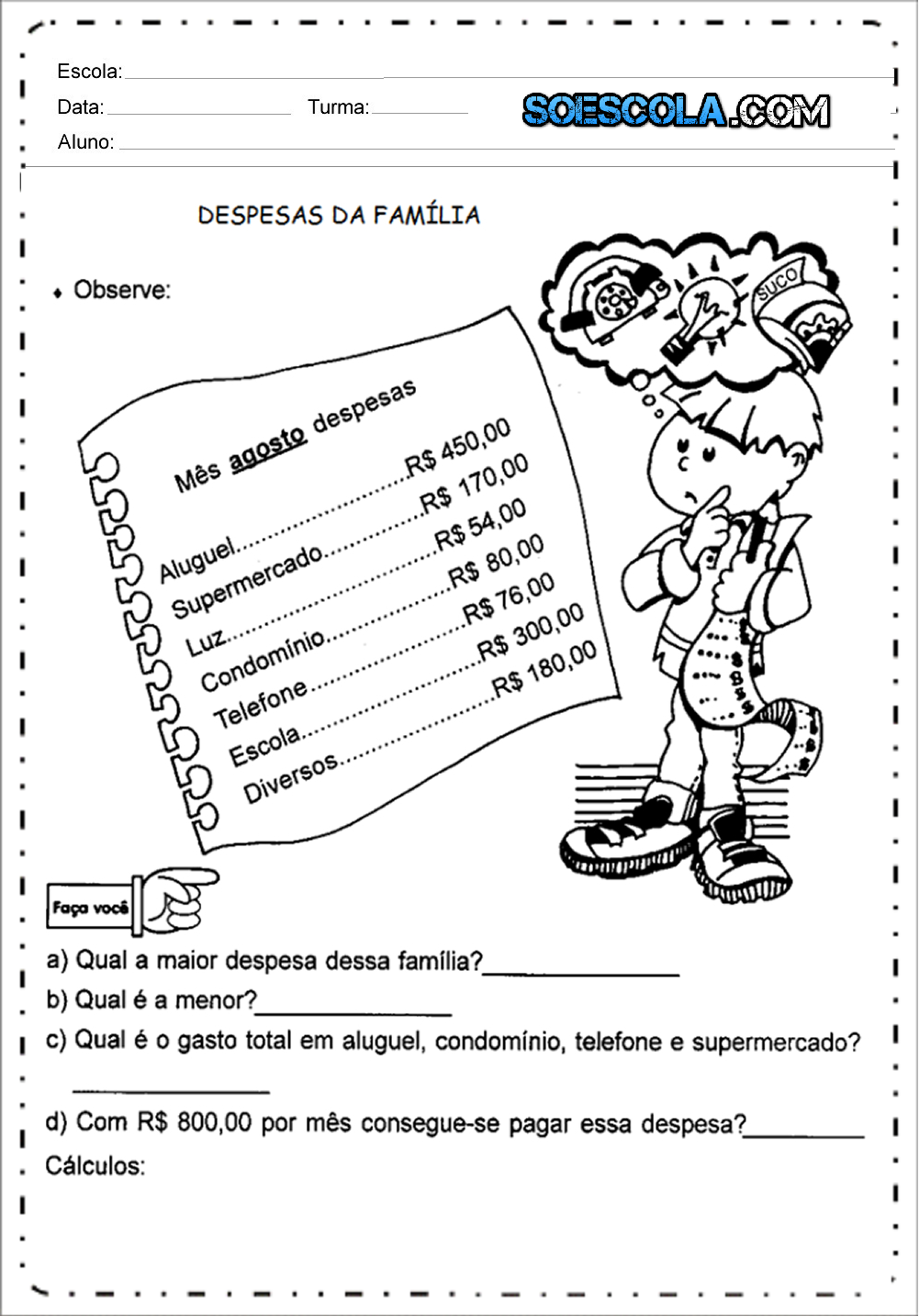 Atividades com Sistema Monetário - Para Imprimir: Atividades de Dinheiro.