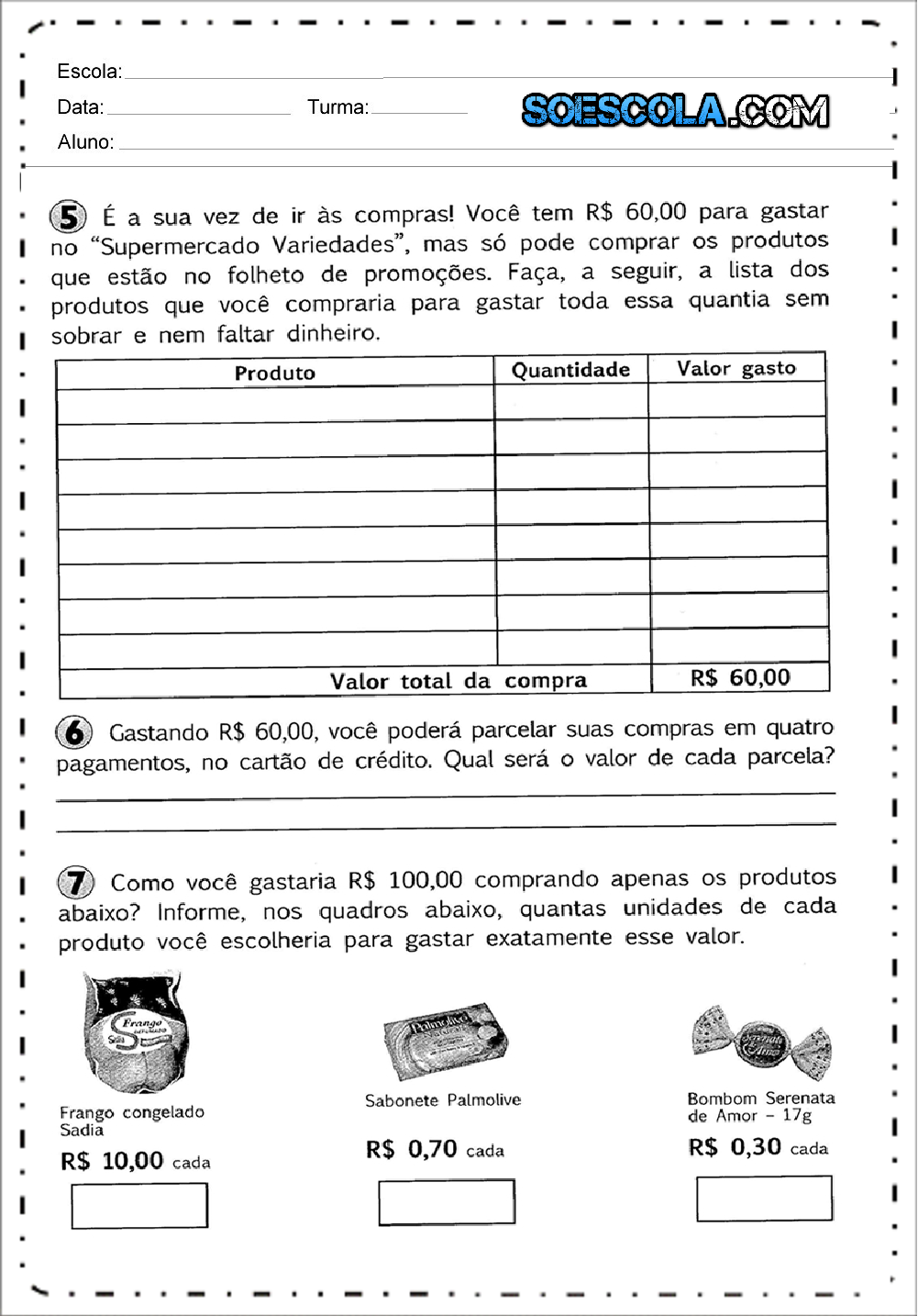 Atividades com Sistema Monetário - Para Imprimir: Atividades de Dinheiro.