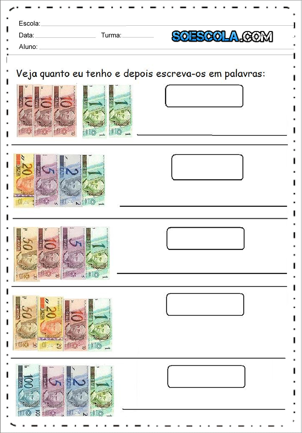 Atividades com Sistema Monetário - Para Imprimir: Atividades de Dinheiro.