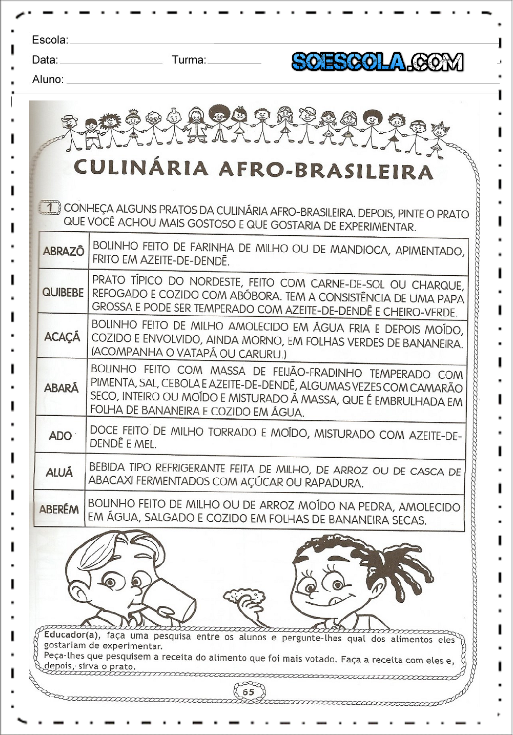 Atividades sobre culinária africana ou afro brasileira - Para imprimir