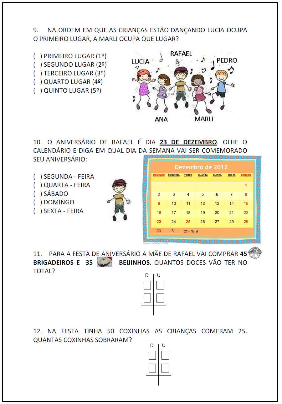 Avaliação de Matemática 2 ano para 4 Bimestre - Para imprimir