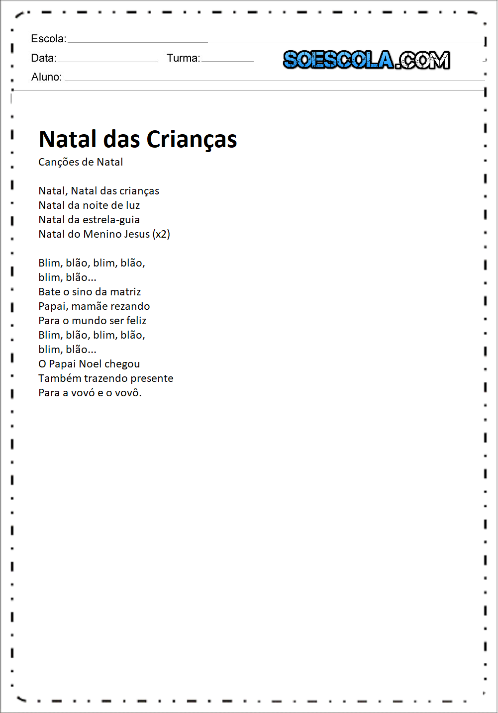 Músicas de Natal para imprimir - Natal das Crianças.