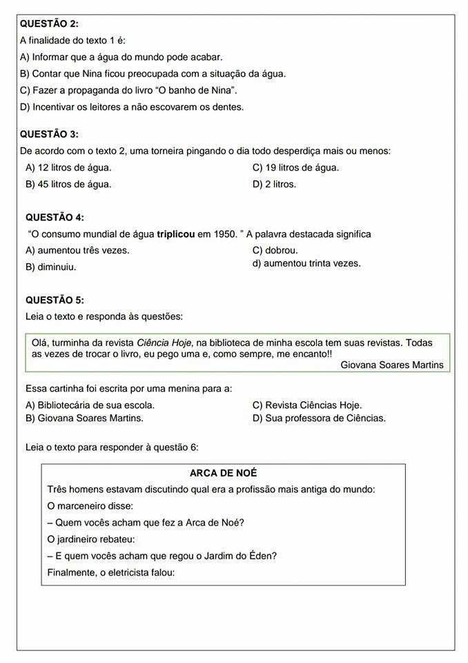 Avaliação Diagnóstica de Português 5 ano para imprimir e baixar em PDF