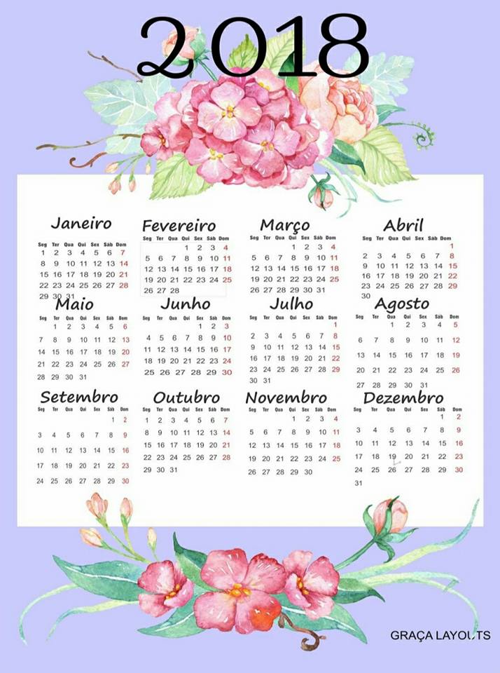 Calendário 2018 com Flores ilustrando