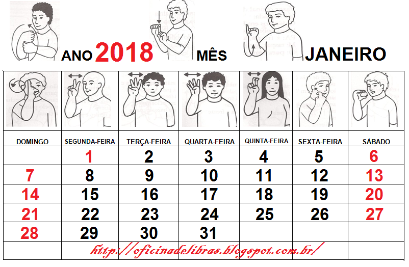 Calendário em Libras 2018 - Para imprimir