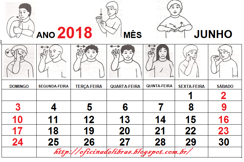 Calendário em Libras 2018 - Para imprimir