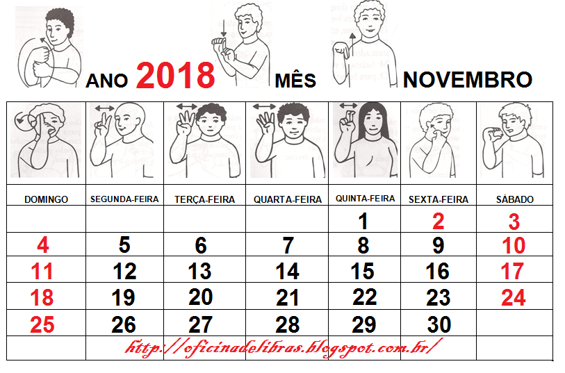 Calendário em Libras 2018 - Para imprimir