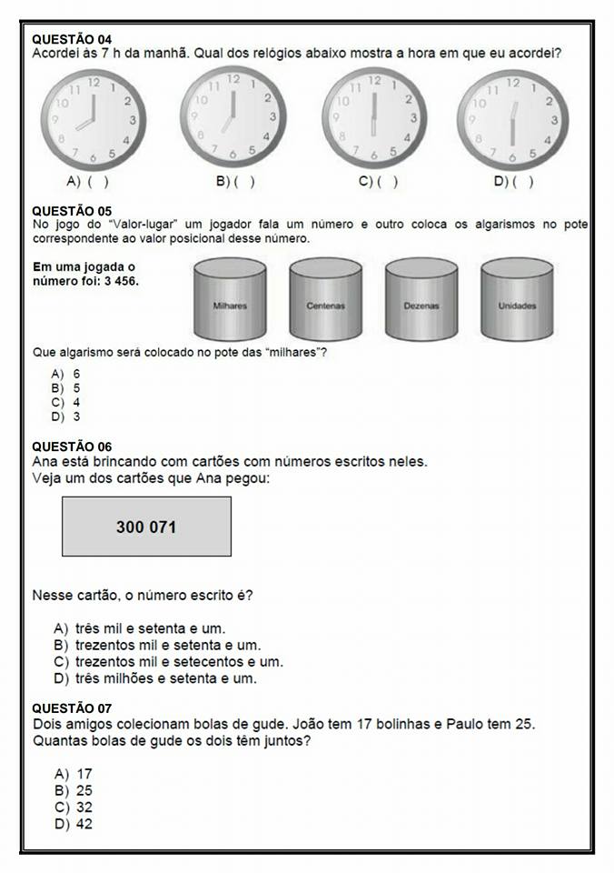 Avaliação Diagnóstica Matemática para o 4 ano para imprimir