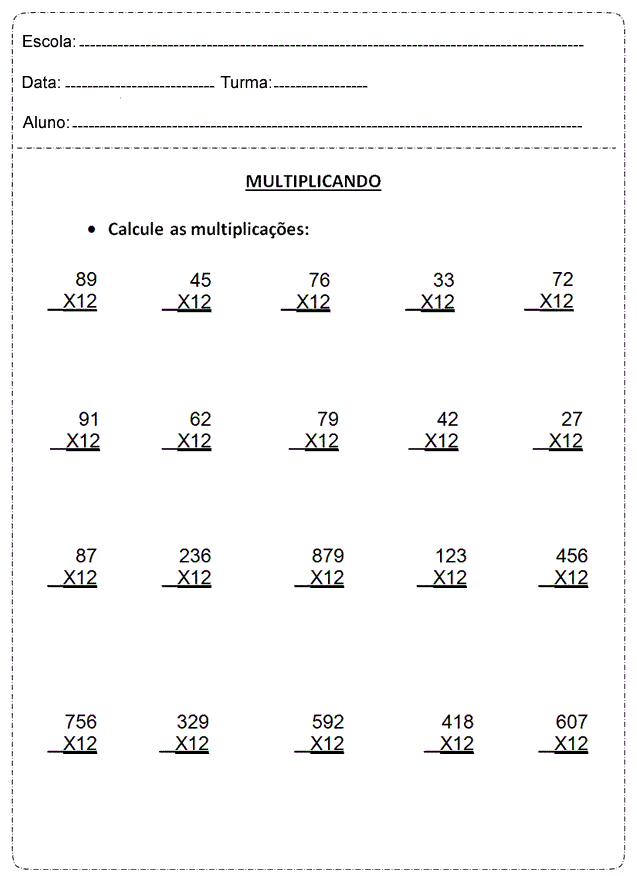 Apostila de Atividades de Multiplicação para imprimir