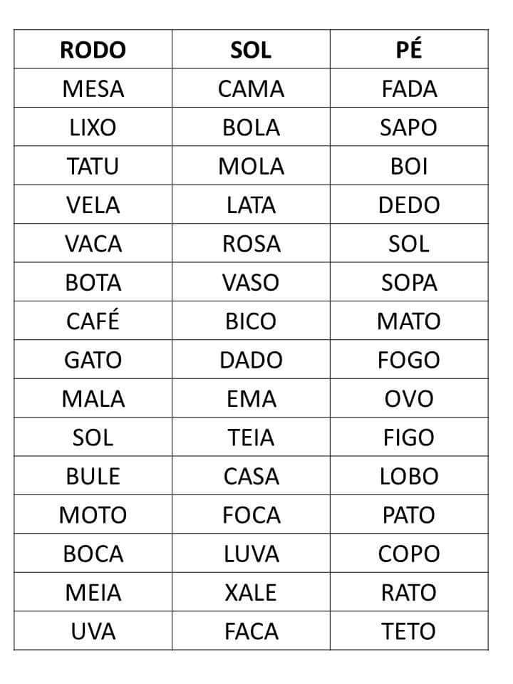 Bingo de Palavras - Fichas para imprimir