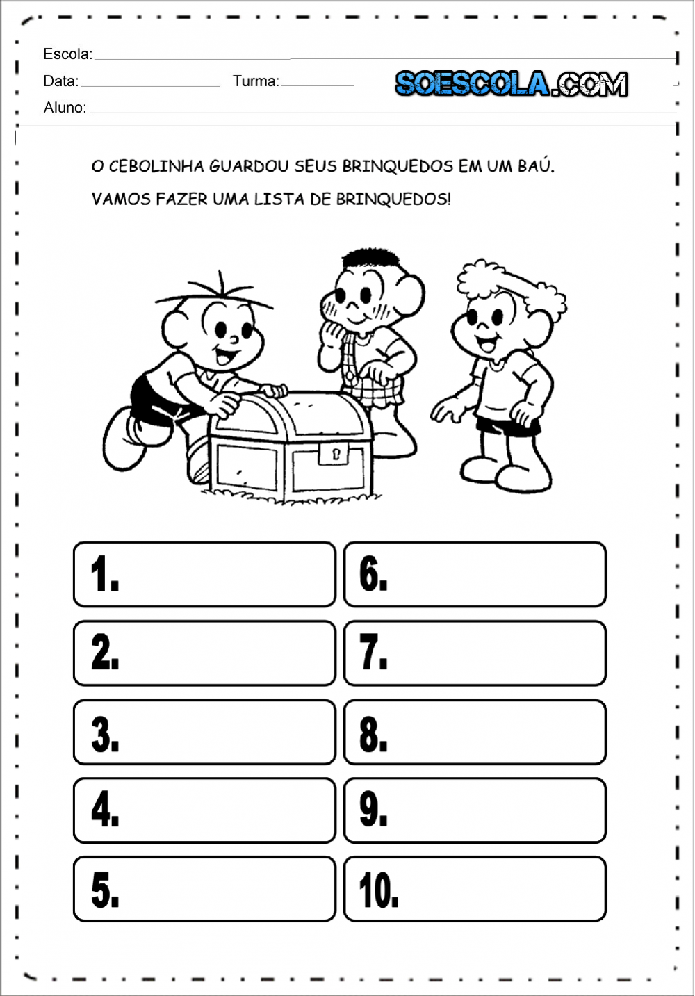 Preencha a lista de palavras com nomes de brinquedos