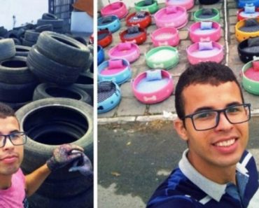 Homem reciclou centenas de velhos pneus e criou caminhas para cães de rua