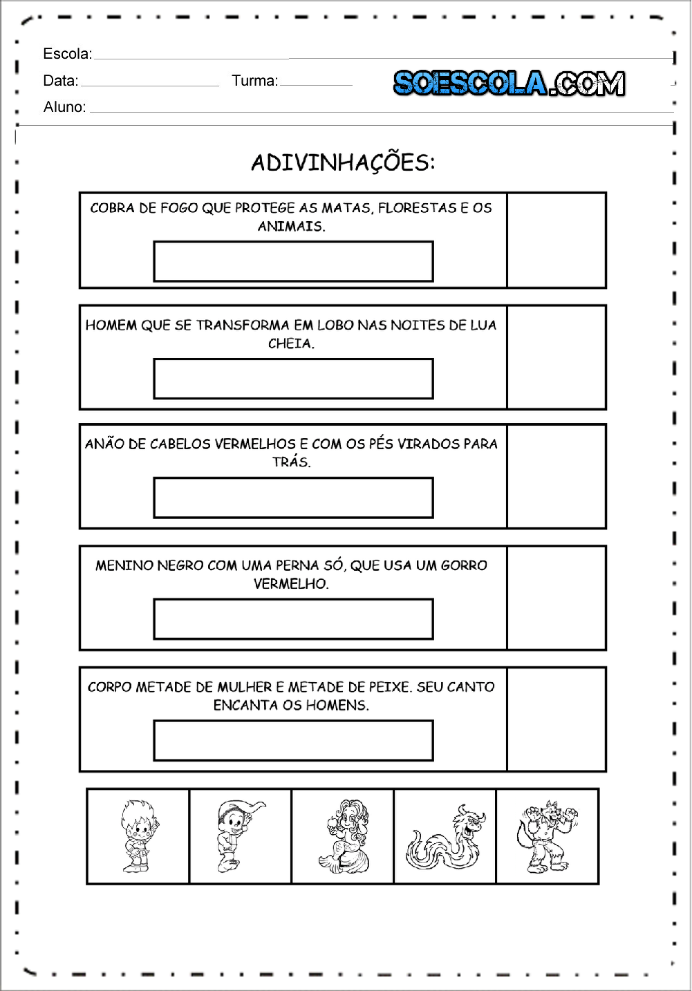 Atividade de Adivinhação sobre o Folclore - SÓ ESCOLA