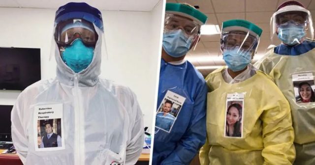 Médicos colam no jaleco suas próprias fotos sorrindo para acalmar e trazer humanidade aos pacientes de COVID-19