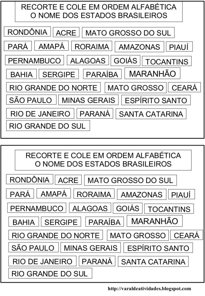 Atividades Ordem Alfabética Estados Brasileiros - Para imprimir