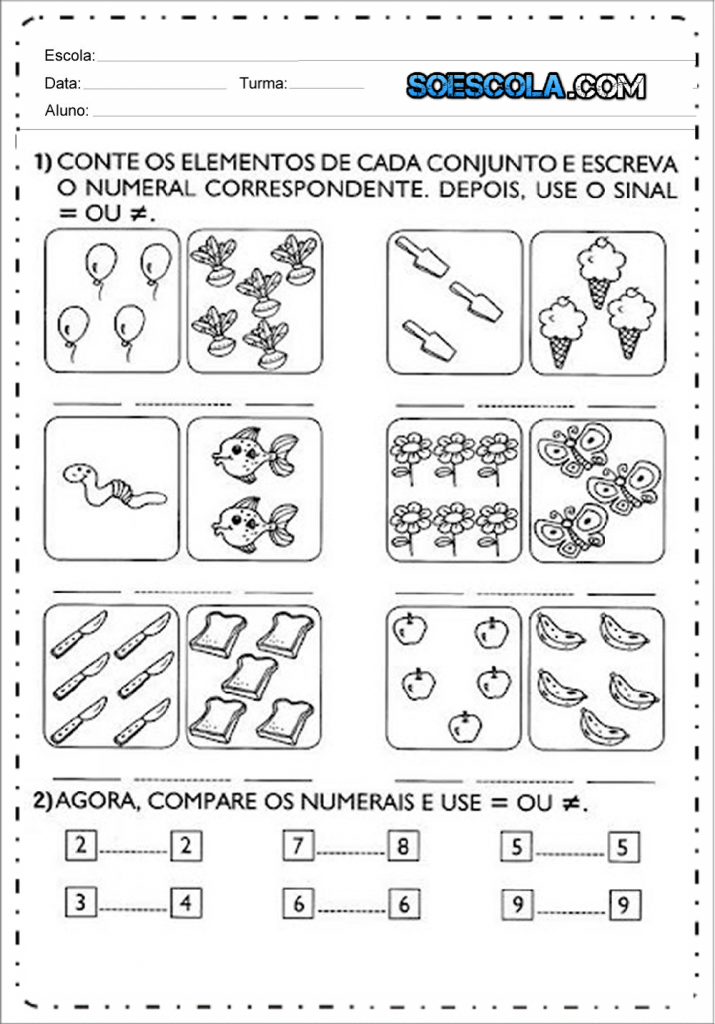 Atividade com sinais matemáticos – igual e diferente -  para Imprimir