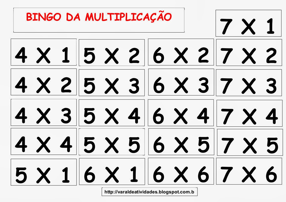 Atividades Bingo da Multiplicação - Para imprimir - Folha 01