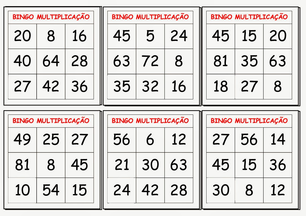 Atividades Bingo da Multiplicação - Para imprimir - Folha 03
