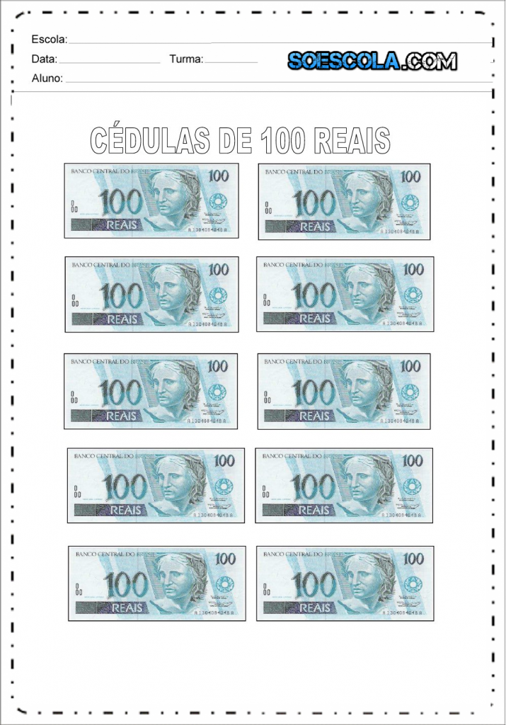 Cédulas de 100 reais para imprimir