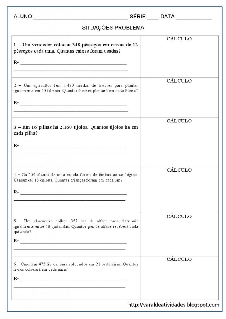 Atividades Situações Problemas de Divisão