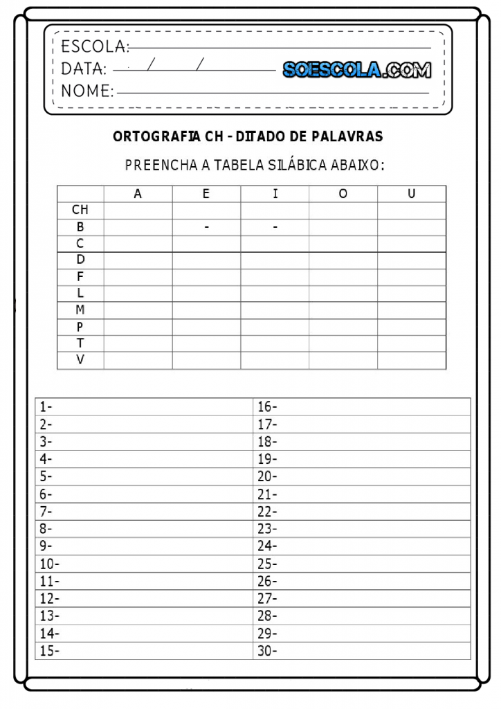 Ditado das palavras com CH - Para imprimir - Atividades para imprimir