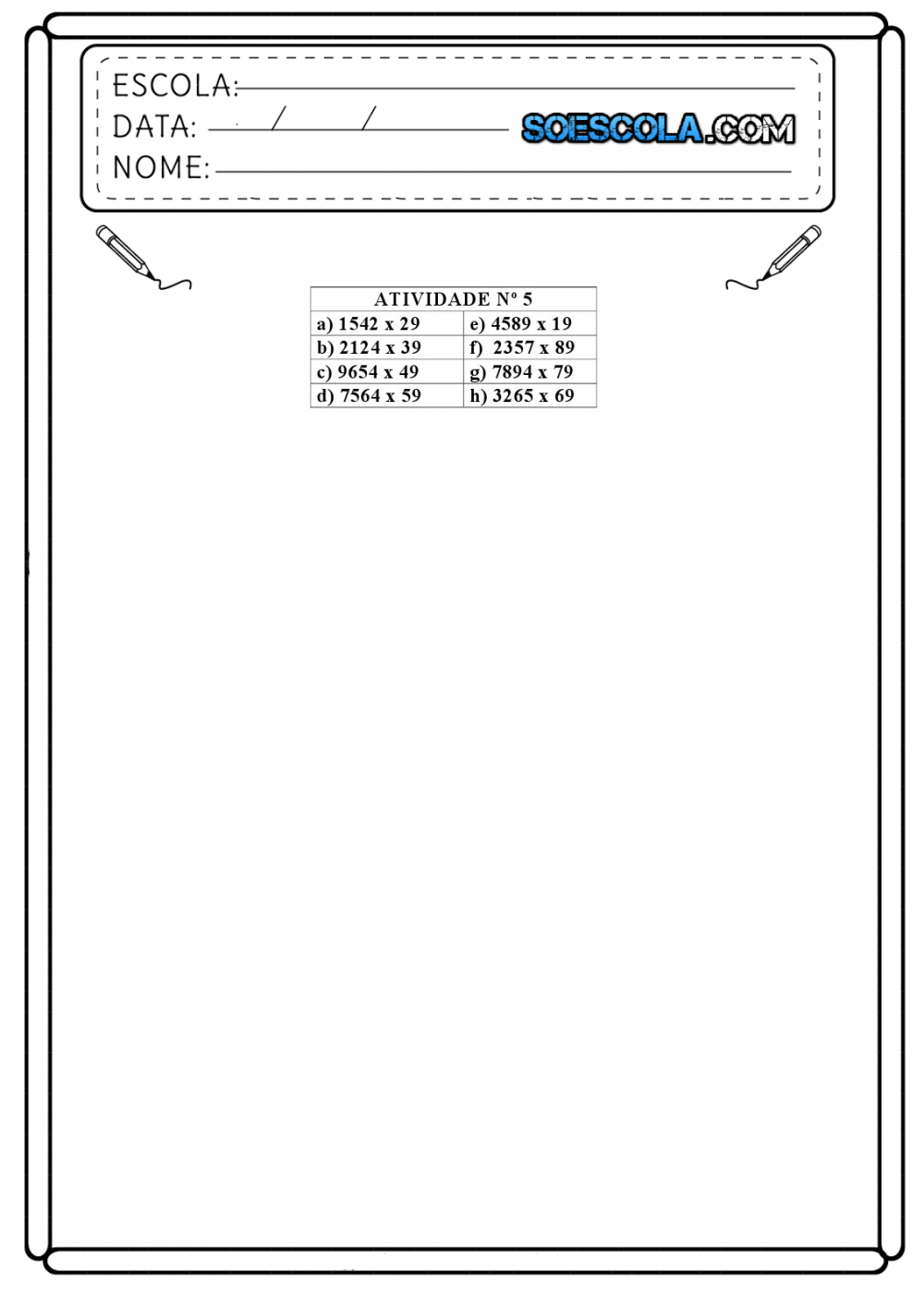 Multiplicação Atividades com 2 algarismos - Para imprimir: Folha 05