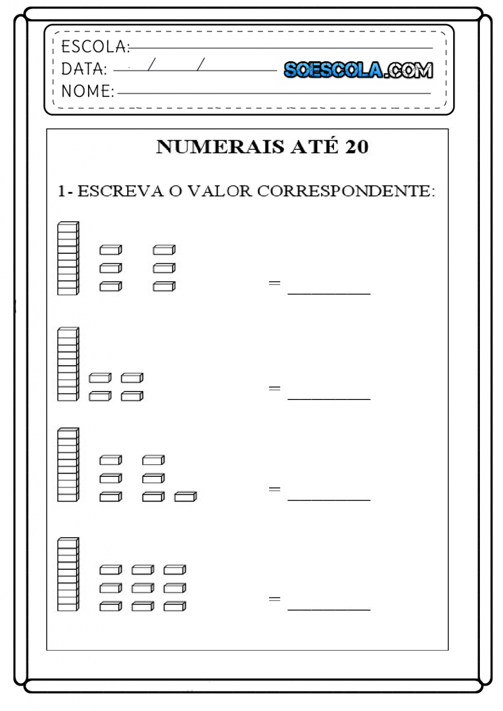 Atividades com Numerais até 20 - Para imprimir - Folha 04