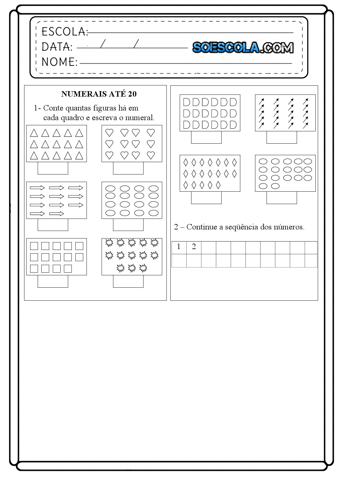 Atividades com Numerais até 20 - Para imprimir - Folha 06