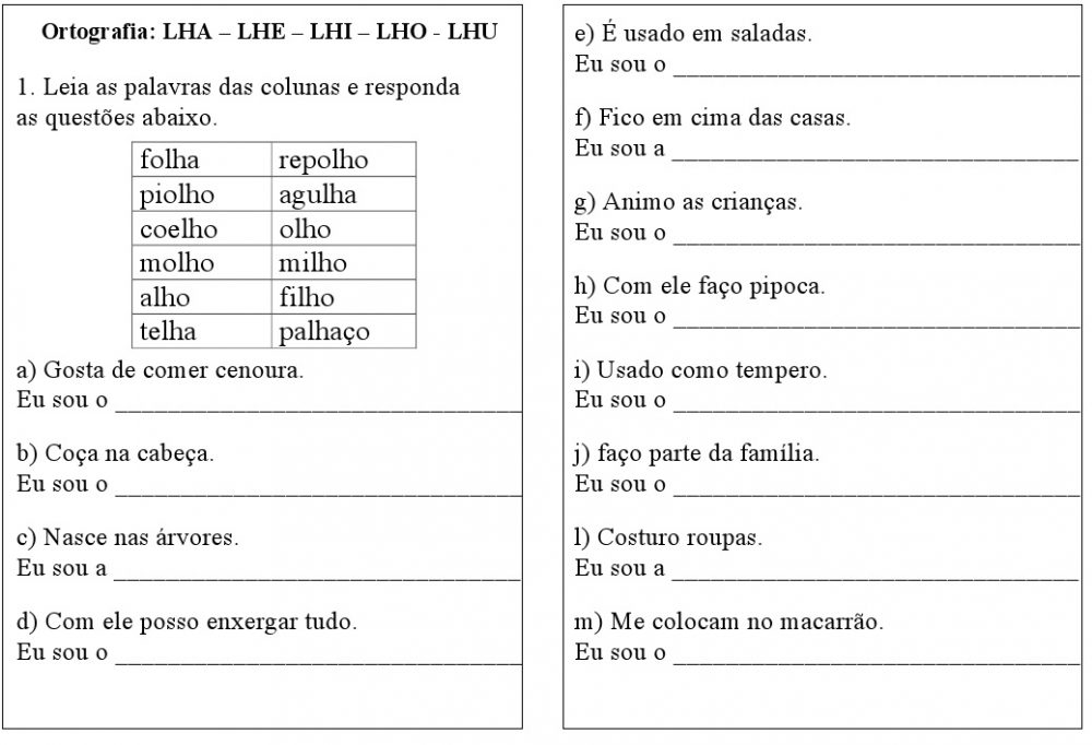 Atividades de Ortografia do LH – Para imprimir - Folha 01