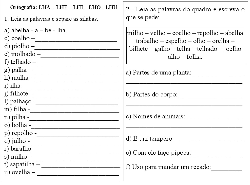 Atividades de Ortografia do LH – Para imprimir - Folha 02