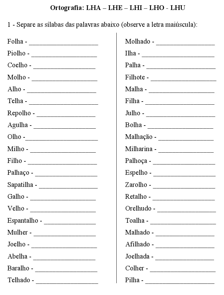 Atividades de Ortografia do LH – Para imprimir - Folha 05