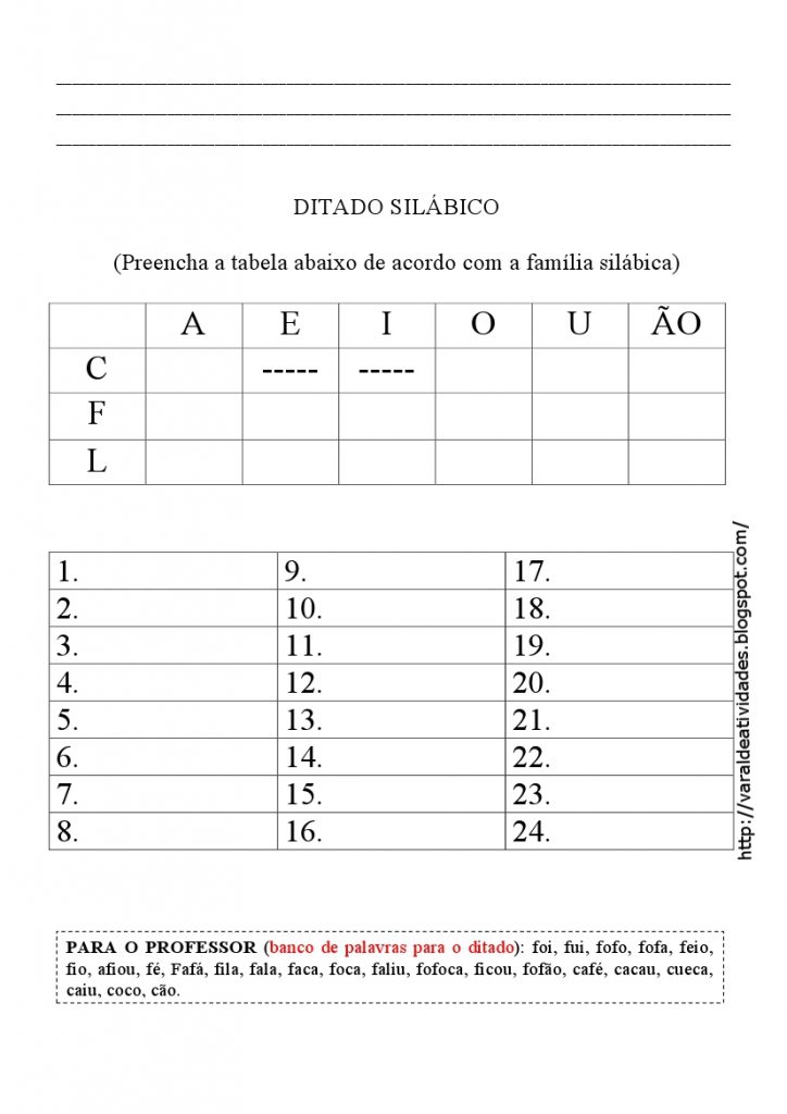 Atividades Ditado Silábico - Para imprimir - Folha 01