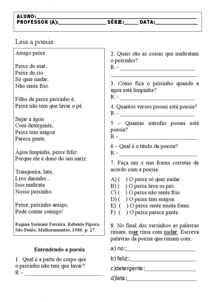 Atividades Estudo do Texto: Poesia - Para imprimir - Folha 01