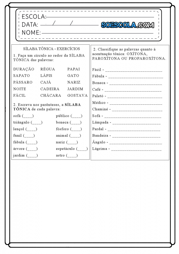 Atividades sobre Silaba Tônica - Para imprimir - Folha 01