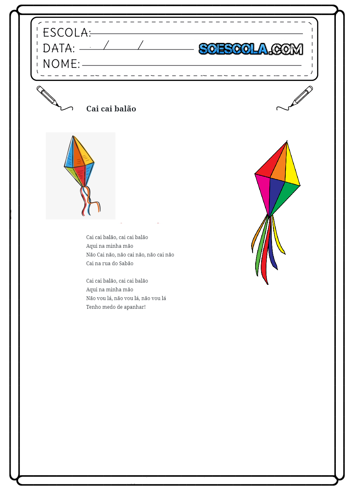Cantigas para Festas Junina para imprimir - Cai Cai Balão