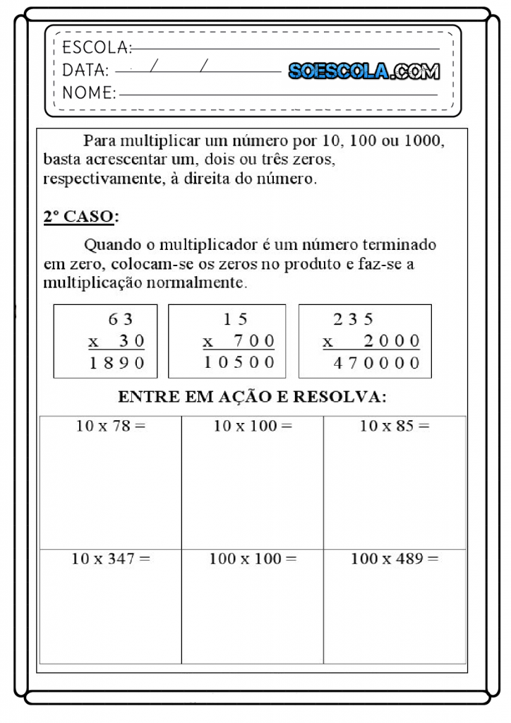 Multiplicação Atividades com 0 (zero) - Folha 01