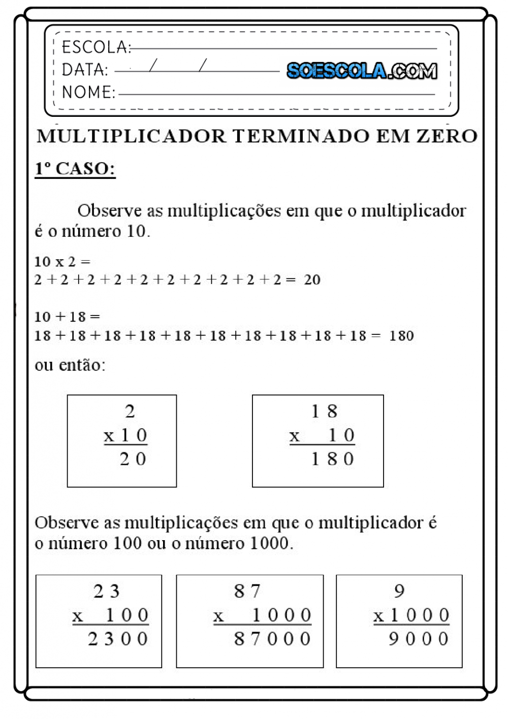 Multiplicação Atividades com 0 (zero) - Folha 02