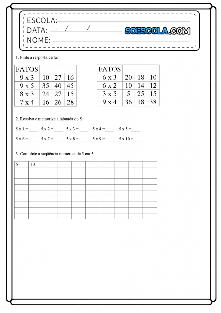 Multiplicação: Atividades para imprimir - Folha 01