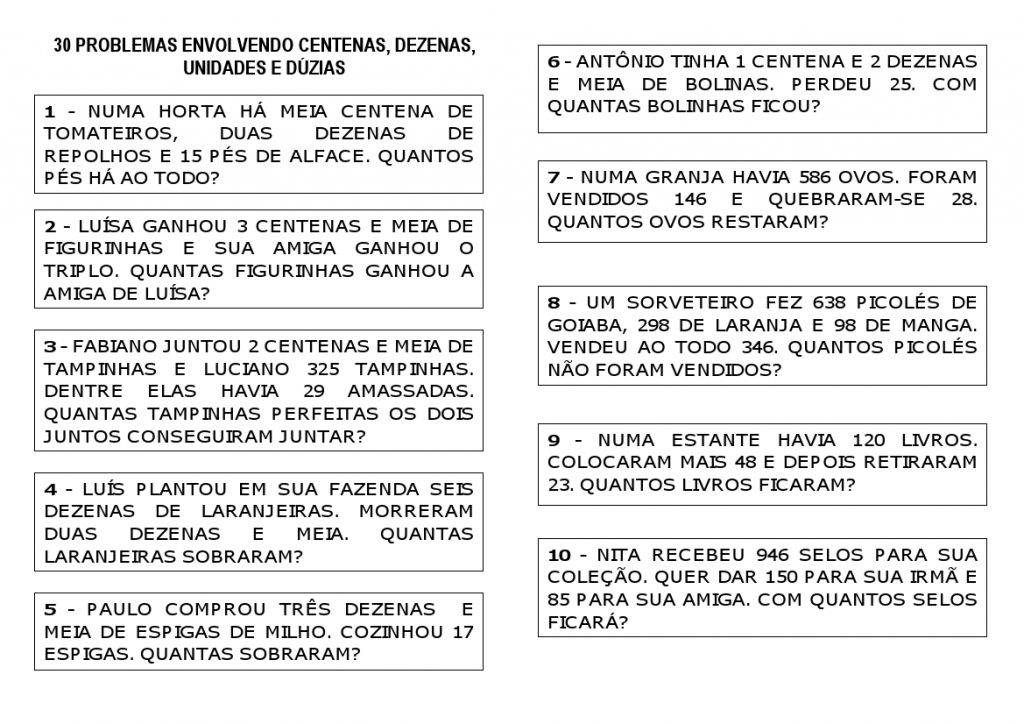 Problemas de matemática envolvendo centena, dezenas, unidades e duzias - Imprimir - Folha 01