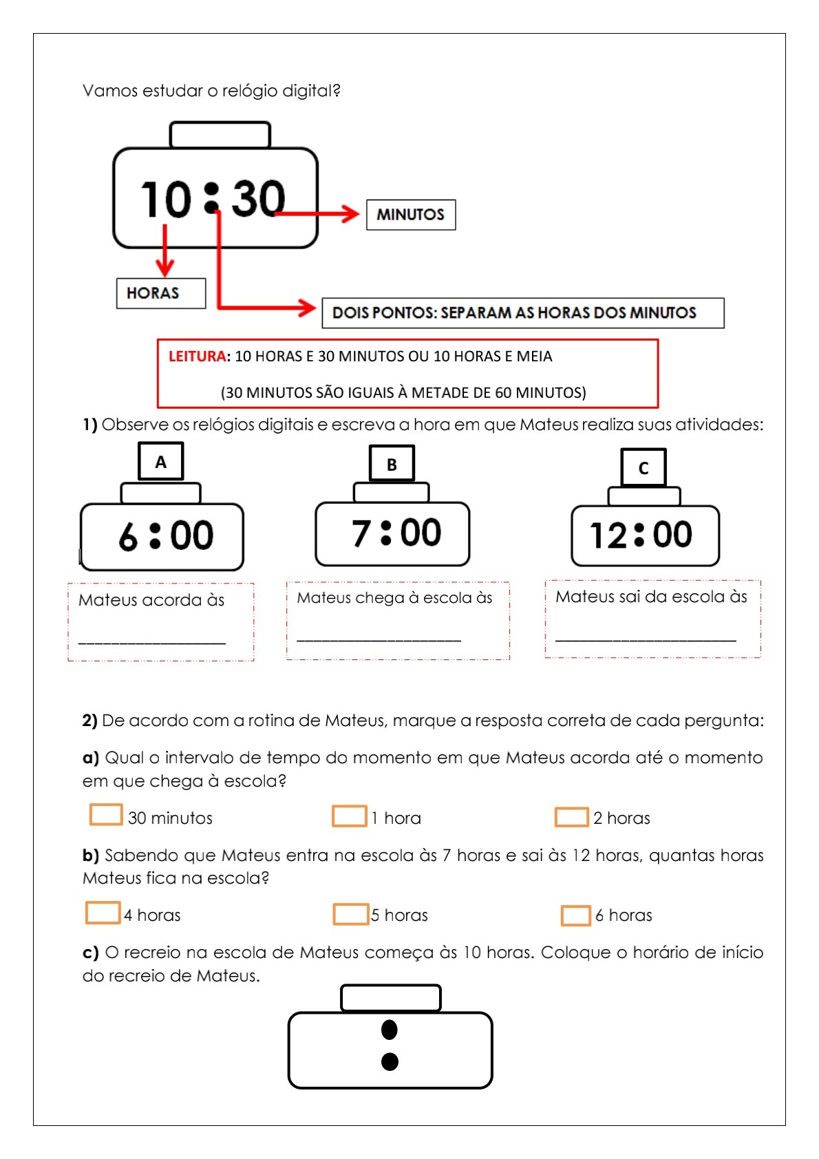 Só Escola - Atividades de Matemática para Imprimir - Horas