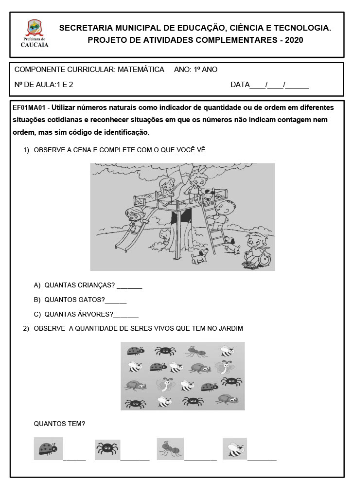 Atividades de Matemática 1º ano BNCC Para imprimir: Folha 06
