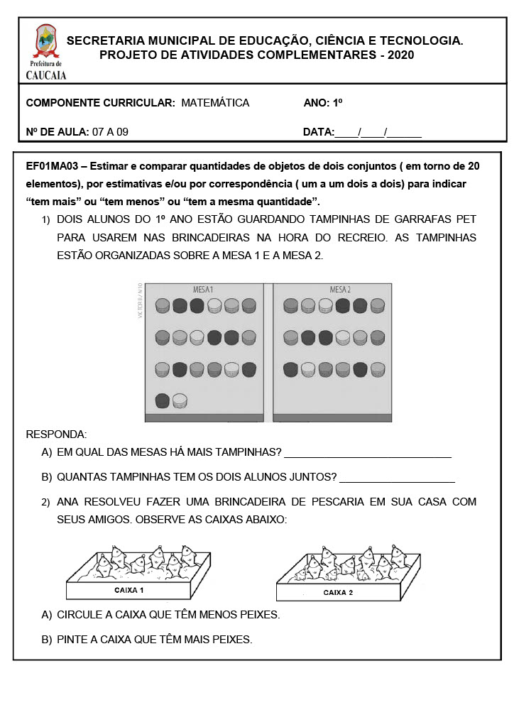 Atividades de Matemática 1º ano BNCC Para imprimir: Folha 07