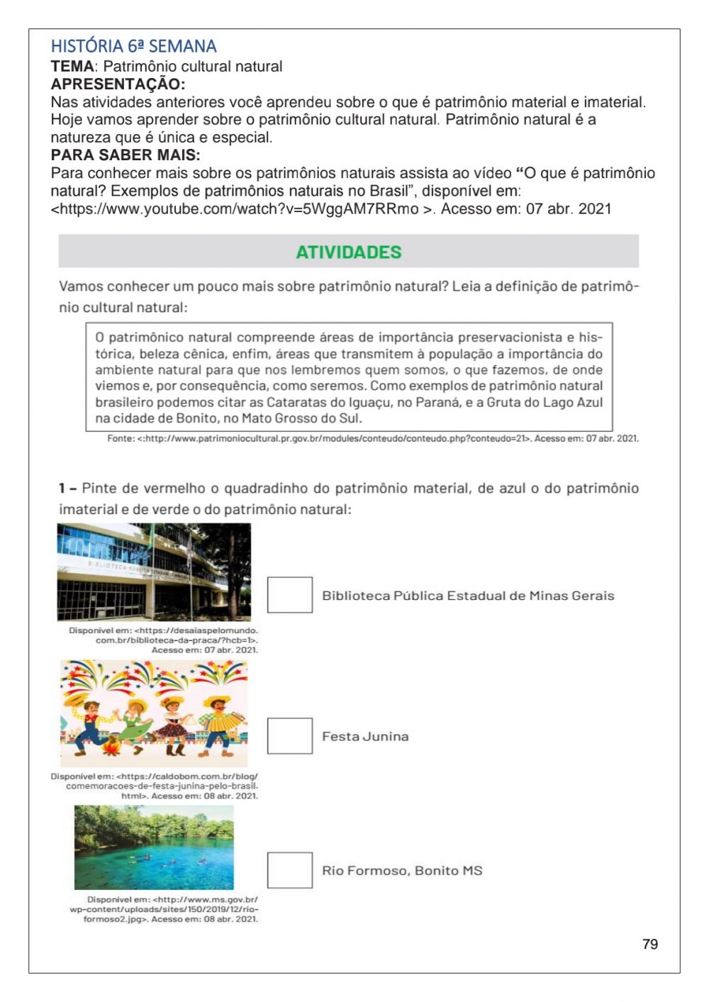 Atividades de História 3º ano: Patrimônio Cultural Natural: Folha 01