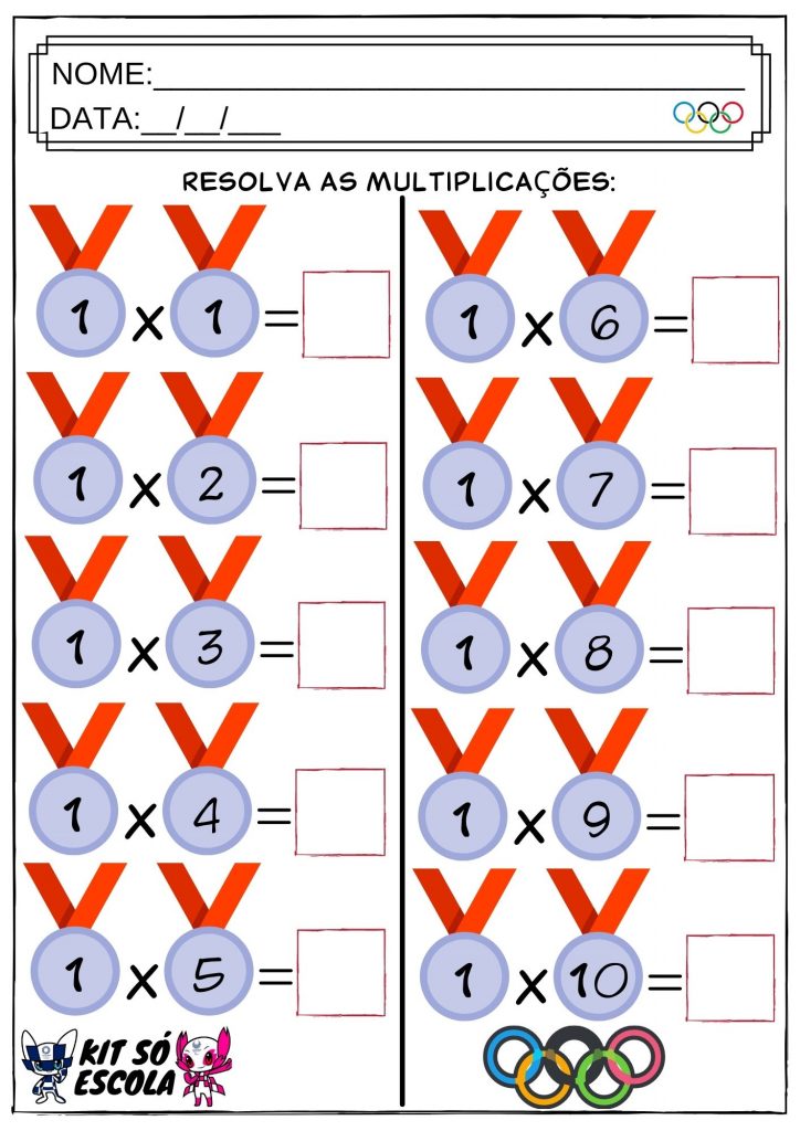 Atividades de Matemática (Olimpíadas) de Multiplicação: Tabuada do 01