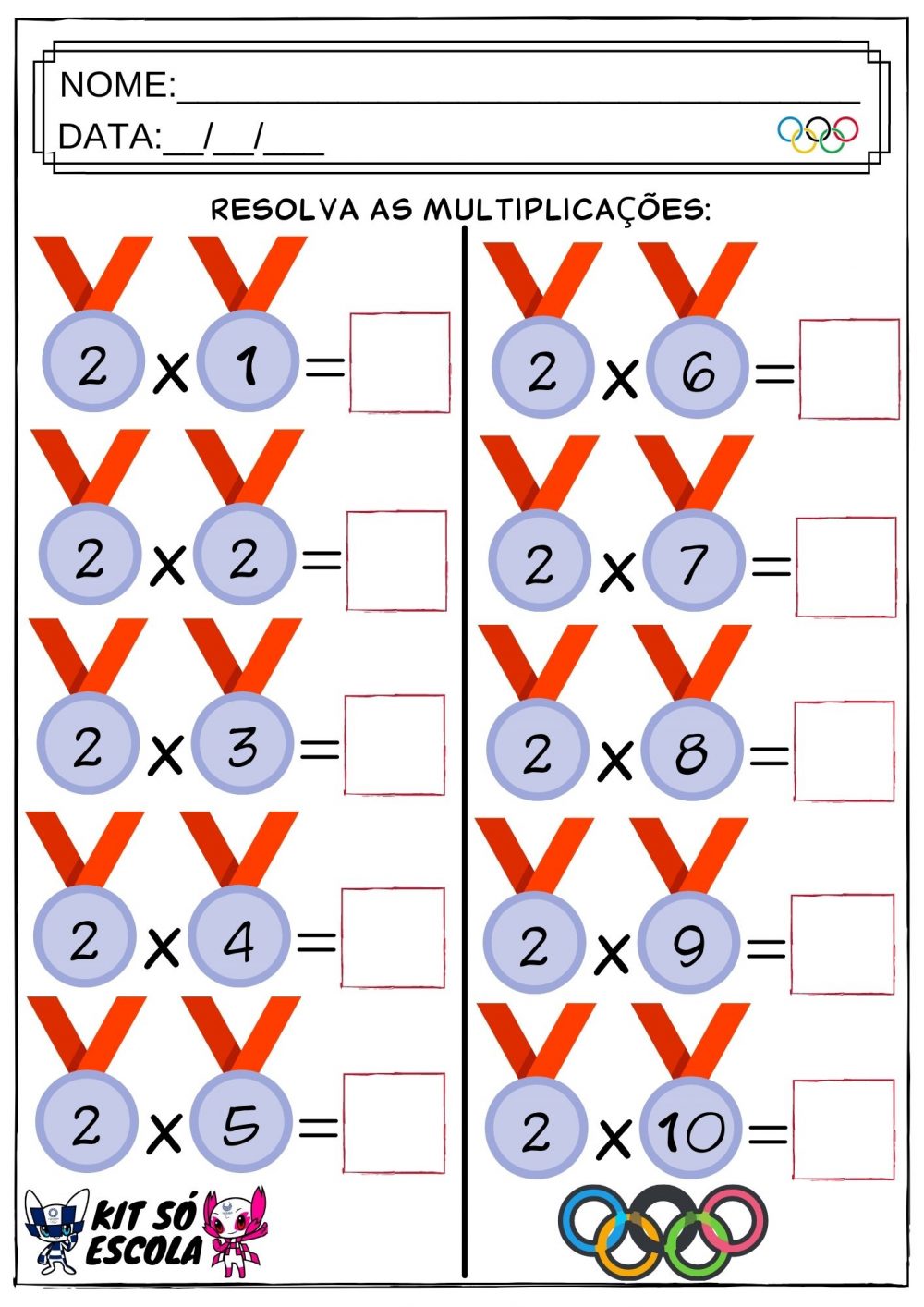 Atividades de Matemática (Olimpíadas) de Multiplicação: Tabuada do 02