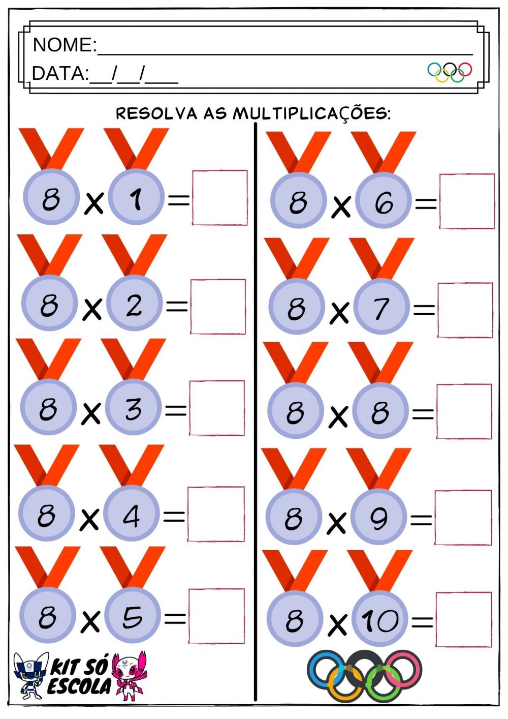 Atividades de Matemática (Olimpíadas) de Multiplicação: Tabuada do 08
